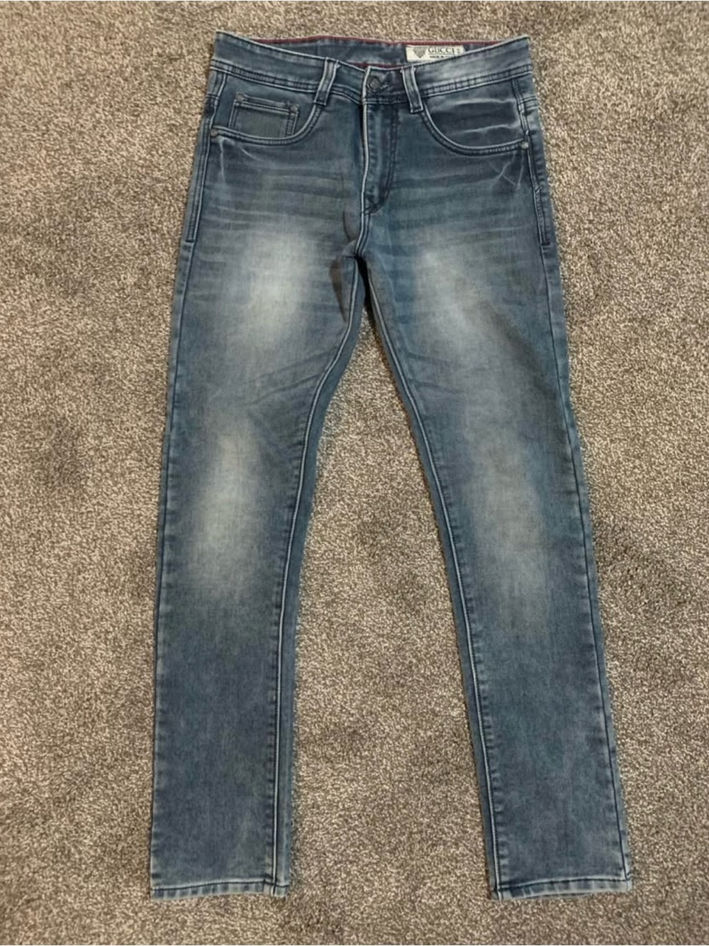 Gucci Skinny Jeans in Washed Blue With Embroidered Logo On Back Pockets